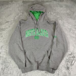 Old Varsity Brand Hoodie Sweatshirt North Dakota Gray With Green Logo Men’s L